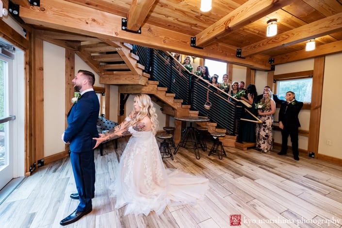 Fall Rock Island Lake Club NJ rainy day wedding first look being silly laughing