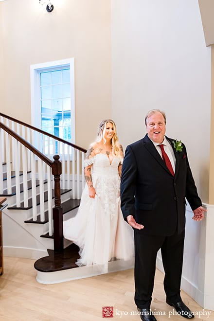 Fall Rock Island Lake Club NJ rainy day wedding first look bride and her father getting emotional