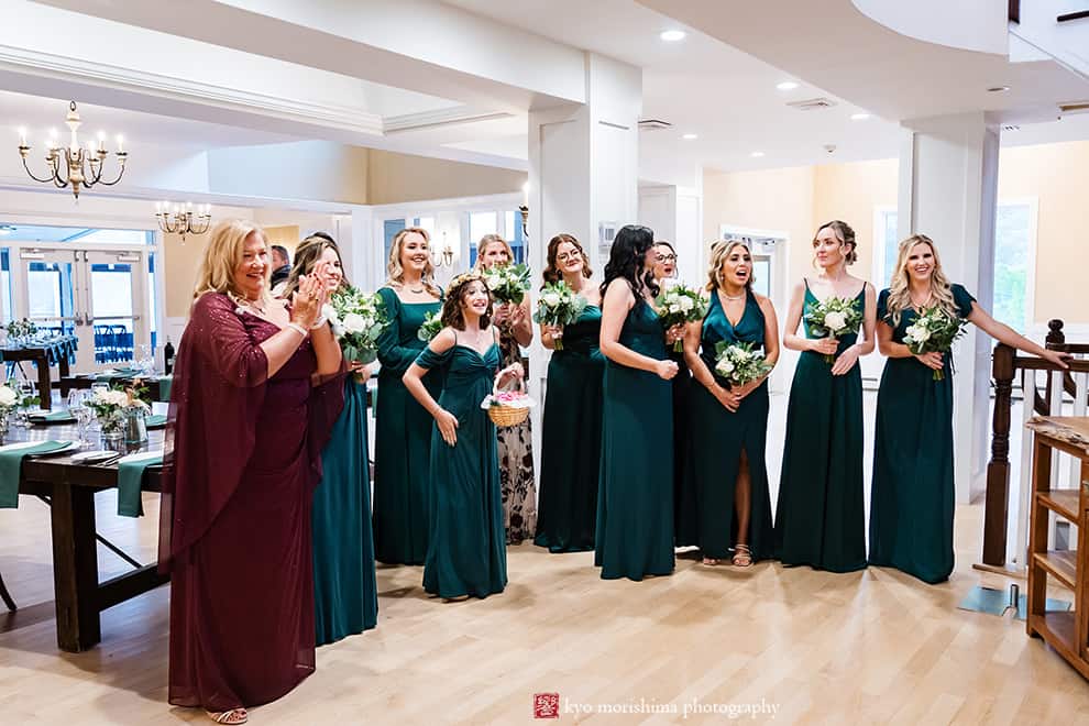 Fall Rock Island Lake Club NJ rainy day wedding first look bride and bridesmaids happy