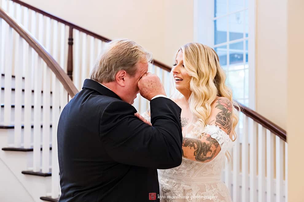 Fall Rock Island Lake Club NJ rainy day wedding first look bride and her father getting emotional