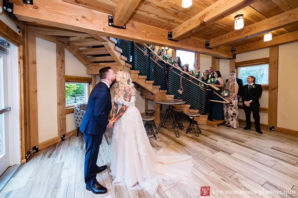 Fall Rock Island Lake Club NJ rainy day wedding first look bride and groom kiss