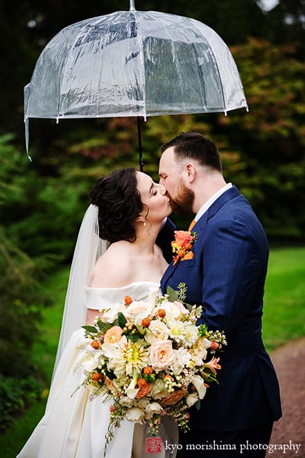 Fall The Inn at Fernbrook Farm Chesterfield NJ Wedding bride and groom outdoor portrait picture with umbrella in rain