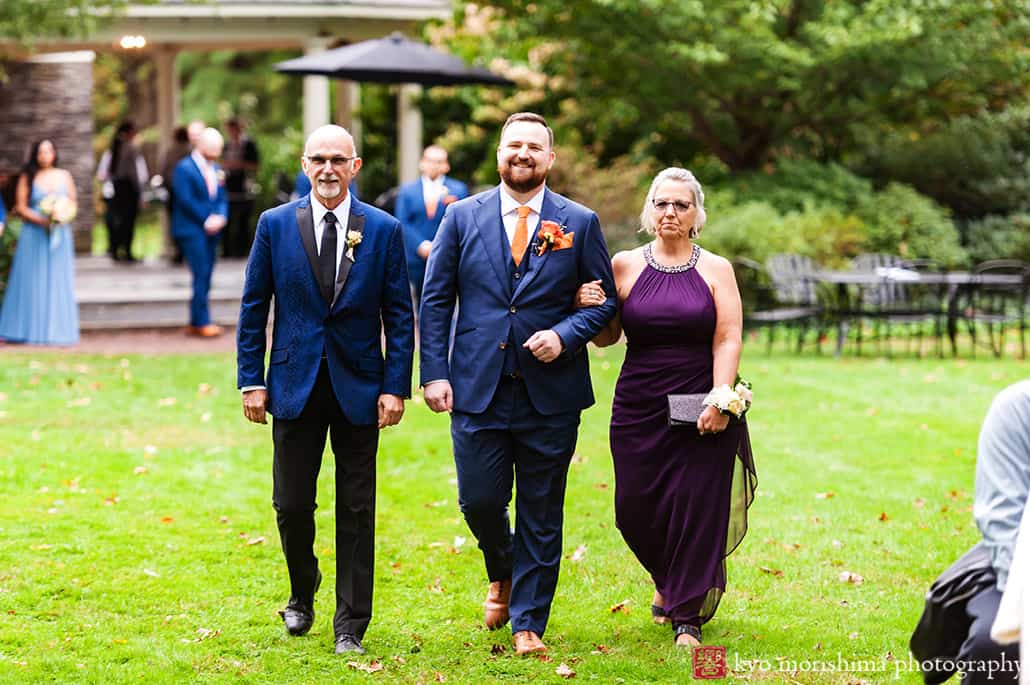 Fall The Inn at Fernbrook Farm Chesterfield NJ Wedding ceremony groom and parents walking down the aisle