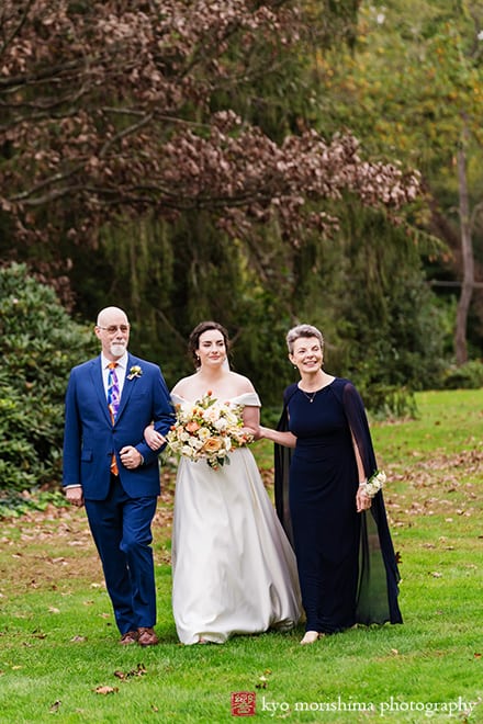 Fall The Inn at Fernbrook Farm Chesterfield NJ Wedding ceremony bride and parents walking down the aisle