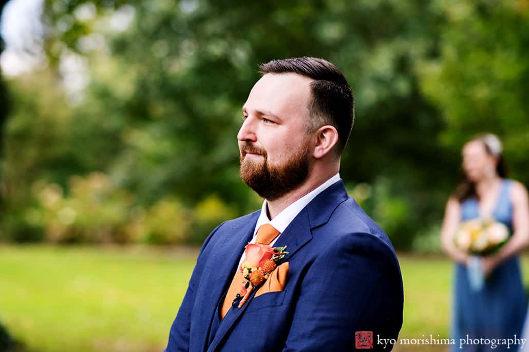 Fall The Inn at Fernbrook Farm Chesterfield NJ Wedding ceremony groom gazing at the bride and getting emotional