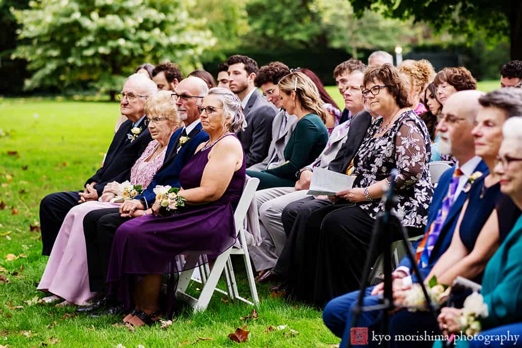 Fall The Inn at Fernbrook Farm Chesterfield NJ Wedding ceremony guests listening exchanging vows