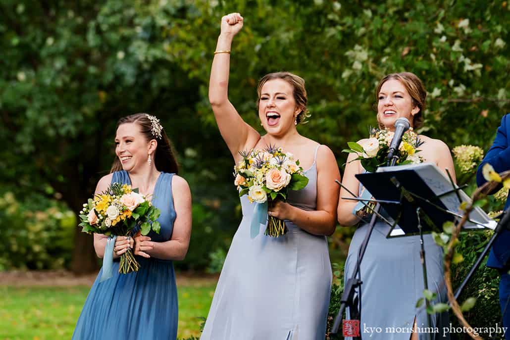 Fall The Inn at Fernbrook Farm Chesterfield NJ Wedding ceremony bridal party smiling and cheering