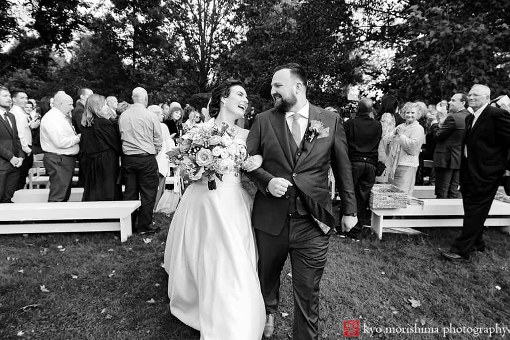 Fall The Inn at Fernbrook Farm Chesterfield NJ Wedding ceremony bridal and groom walking and smiling at each other