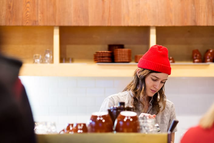 picture of barista at coffee shop cafe in Brooklyn NYC editorial photography for Japanese fashion magazine