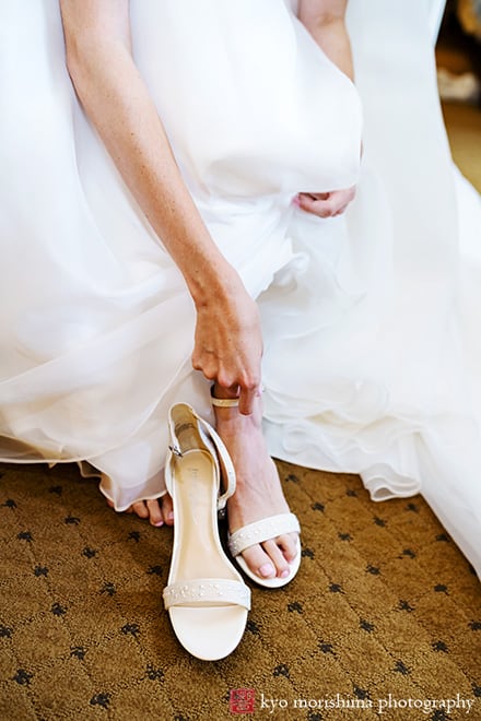 Nassau Inn Princeton NJ wedding bride putting her heels on getting ready