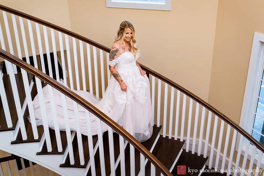 Fall Rock Island Lake Club NJ rainy day wedding first look bride and her father walking down spiral stairs