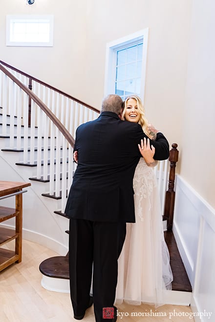 Fall Rock Island Lake Club NJ rainy day wedding first look bride and her father getting emotional
