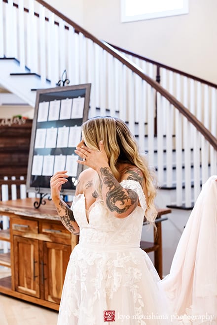 Fall Rock Island Lake Club NJ rainy day wedding first look bride and her father getting emotional