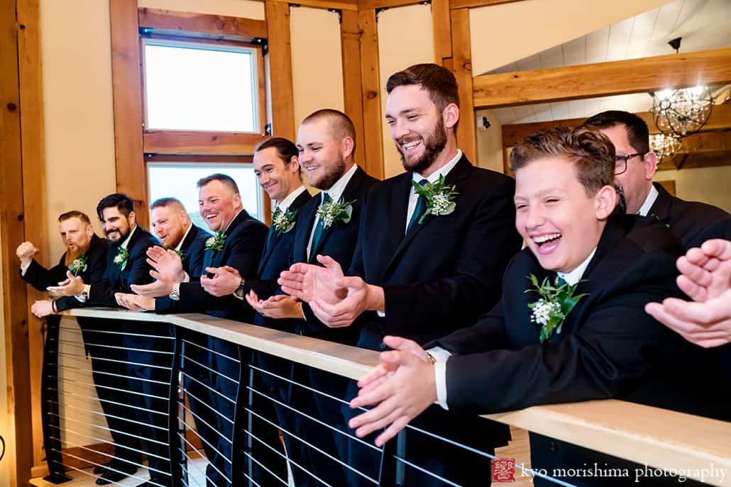 Fall Rock Island Lake Club NJ rainy day wedding first look groomsmen laughing