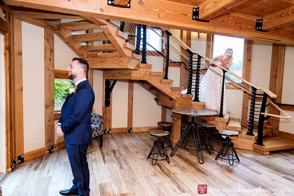 Fall Rock Island Lake Club NJ rainy day wedding first look bride peaking groom