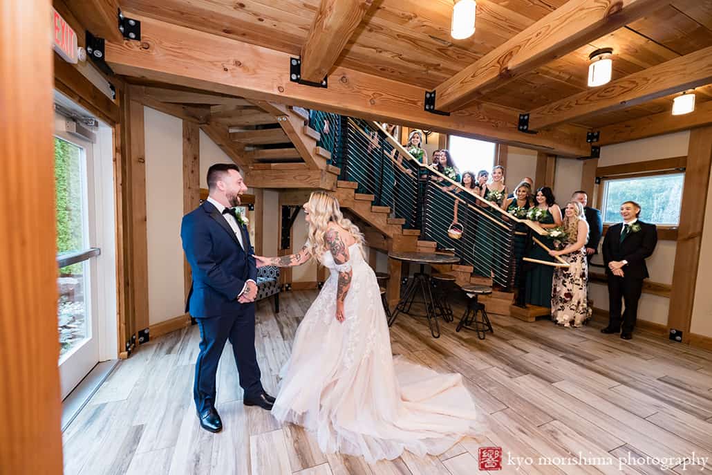 Fall Rock Island Lake Club NJ rainy day wedding first look laughing