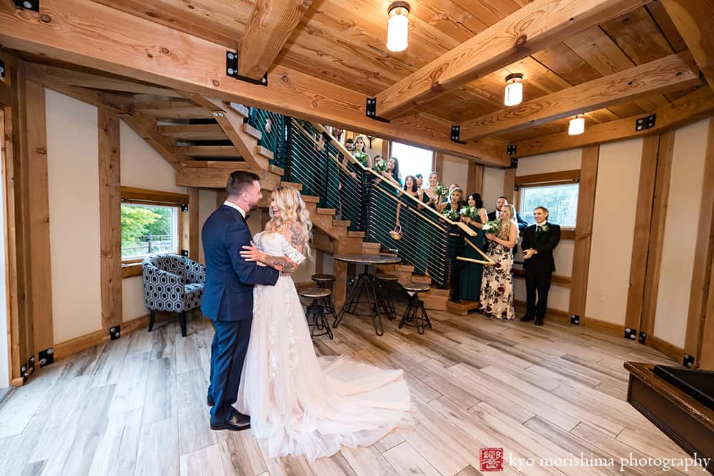 Fall Rock Island Lake Club NJ rainy day wedding first look smiling happy bridal party cheering