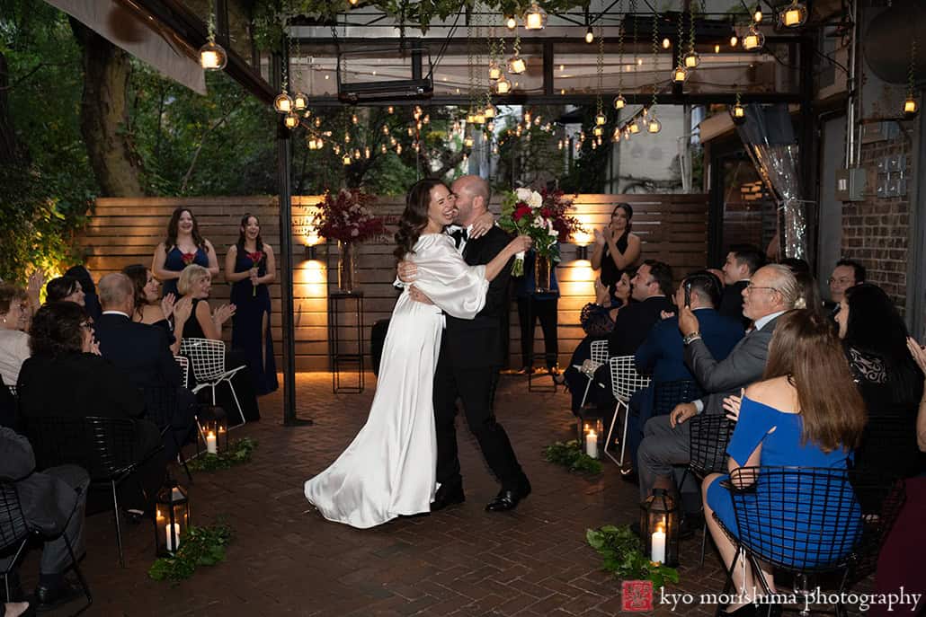 bride and groom outdoor backyard ceremony wedding Bottino restaurant Chelsea Manhattan NYC guests