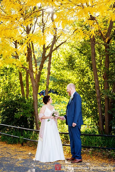 Fall outdoor Brooklyn Bridge Park street wedding portrait newlyweds bride and groom Manhattan NYC photo