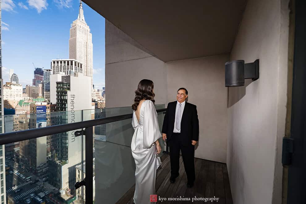 bride getting ready fist look father empire state building at Hyatt House New York/Chelsea Manhattan NYC wedding