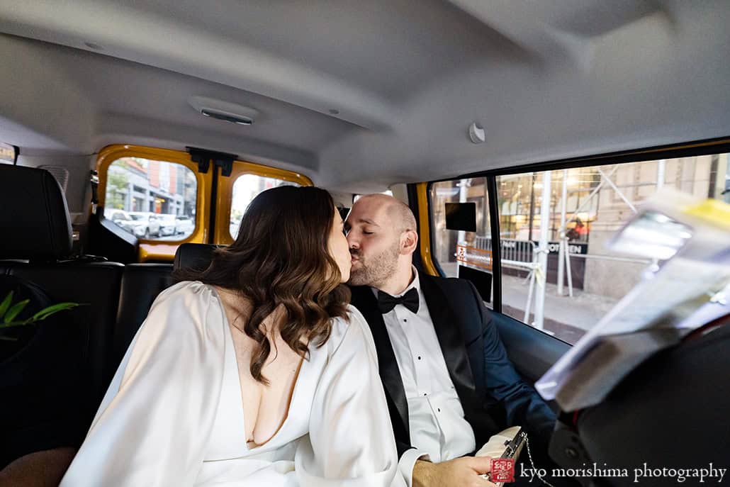 bride getting ready groom yellow cab at Chelsea Manhattan NYC wedding