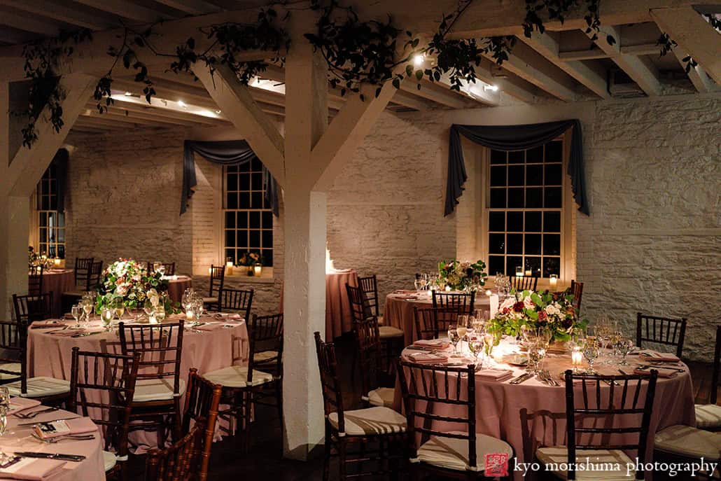 Fall NY Botanical Garden Stone Mill, NYBG, NYC, New York Botanical Garden, wedding night reception table detail setup flowers candles