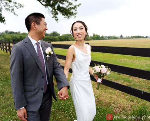 Spring, Princeton, NJ, wedding, St. Charles, Skillman Park bride and groom portrait newlyweds, taking a walk, smile