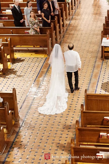 ceremony, church of the blessed sacrament, fall, new York, nyc, wedding, Kyo Morishima Photography, bride and father walking down the aisle, birds eye view