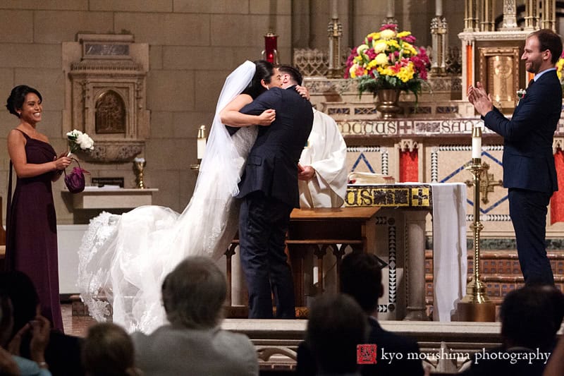 ceremony, church of the blessed sacrament, fall, new York, nyc, wedding, Kyo Morishima Photography, bride and groom, hug