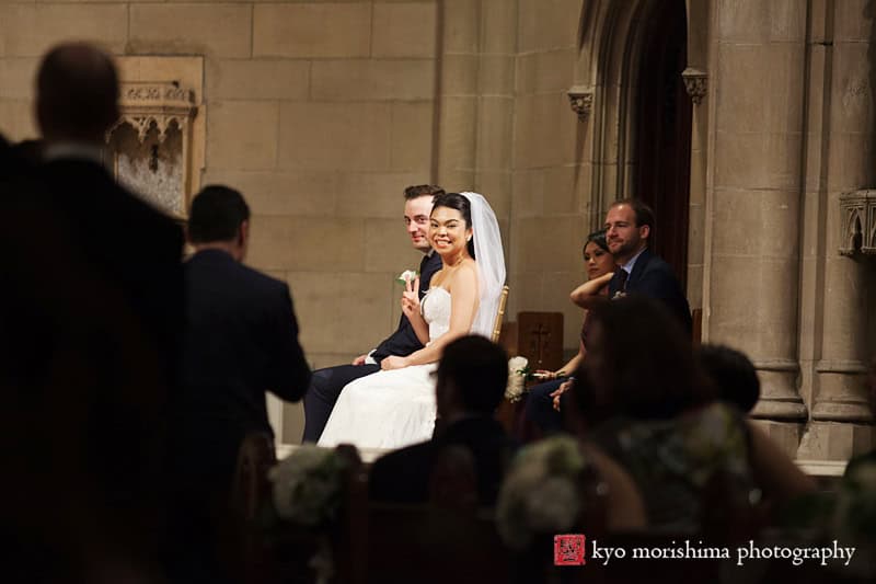 ceremony, church of the blessed sacrament, fall, new York, nyc, wedding, Kyo Morishima Photography, bride and groom smiling