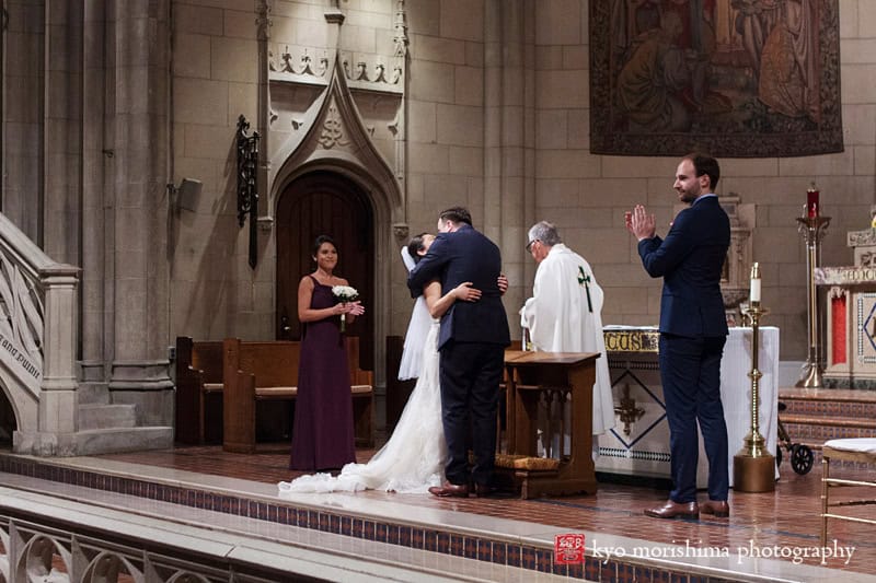 ceremony, church of the blessed sacrament, fall, new York, nyc, wedding, Kyo Morishima Photography, bride and groom, kiss