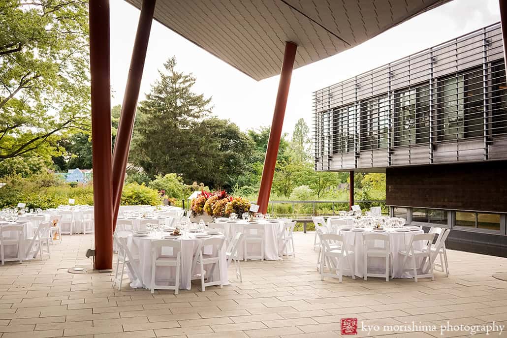 Wedding reception details set up modern architecture at Queens Botanical Garden NYC fall wedding by Kyo Morishima Photogrpahy