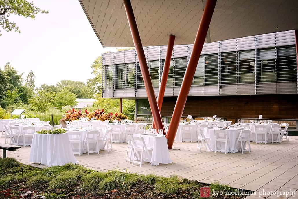 Wedding reception details set up modern architecture at Queens Botanical Garden NYC fall wedding by Kyo Morishima Photogrpahy