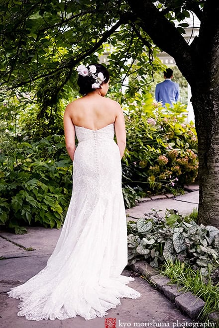 Multi cultural documentary wedding portrait first look bride and groom newlyweds at Queens Botanical Garden NYC fall wedding by Kyo Morishima Photogrpahy