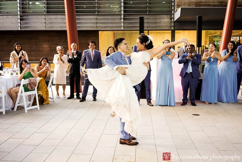 Bride and groom newlywed first dance at Queens Botanical Garden NYC fall wedding reception by Kyo Morishima Photogrpahy