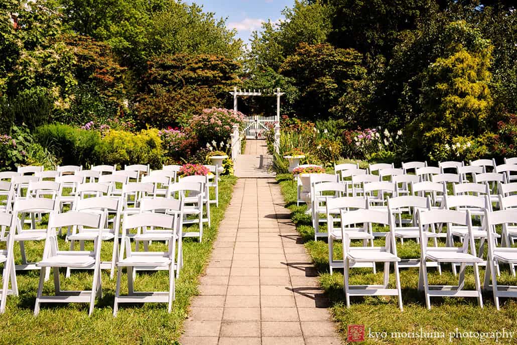 Wedding ceremony details set up at Queens Botanical Garden NYC fall wedding reception by Kyo Morishima Photogrpahy