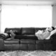 NYC Brooklyn NJ Princeton newborn family portrait dad baby sleeping napping on couch black and white