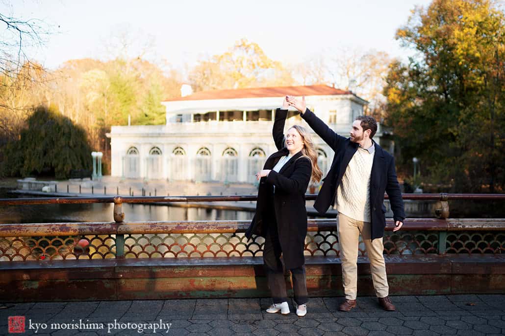 Brooklyn NYC Park Slope Prospect Park engagement lifestyle portrait Boathouse twirling