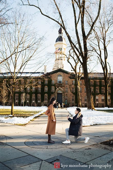 winter snow proposal portrait Nassau Hall Princeton University NJ NYC couple on his knee