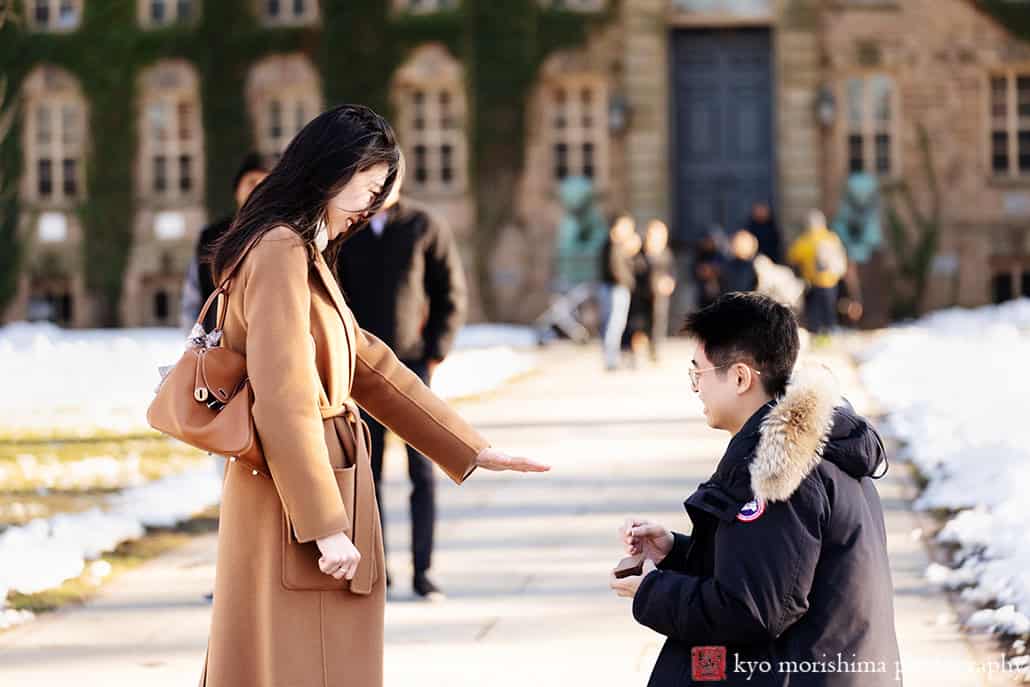 winter snow proposal portrait Nassau Hall Princeton University NJ NYC couple on his knee she said yes