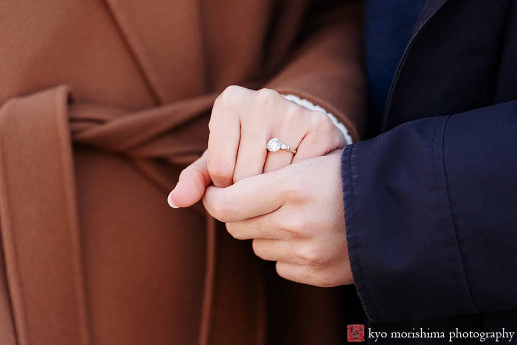 winter snow proposal portrait Nassau Hall Princeton University NJ NYC couple engagement ring