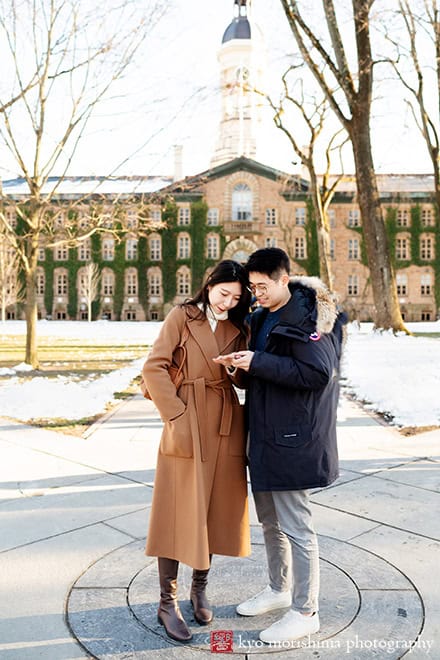 winter snow proposal portrait Nassau Hall Princeton University NJ NYC couple engagement ring