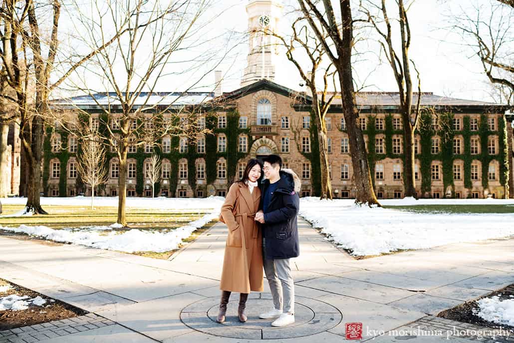 winter snow proposal portrait Nassau Hall Princeton University NJ NYC couple smiling