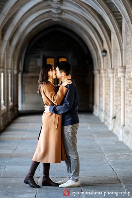 winter snow proposal portrait Rockefeller College Holder Hall Princeton University NJ NYC couple kiss