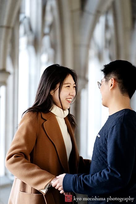 winter snow proposal portrait Rockefeller College Holder Hall Princeton University NJ NYC couple smiling