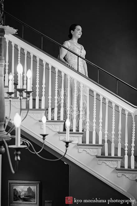 Spring Morris Museum Wedding Potted Plants Morristown NJ bride and groom first look walking down stairs