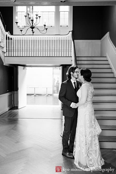 Spring Morris Museum Wedding Potted Plants Morristown NJ bride and groom first look walking down stairs