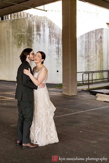 Spring Morris Museum Wedding with Potted Plants Morristown NJ bride groom outdoor portrait smile at each other