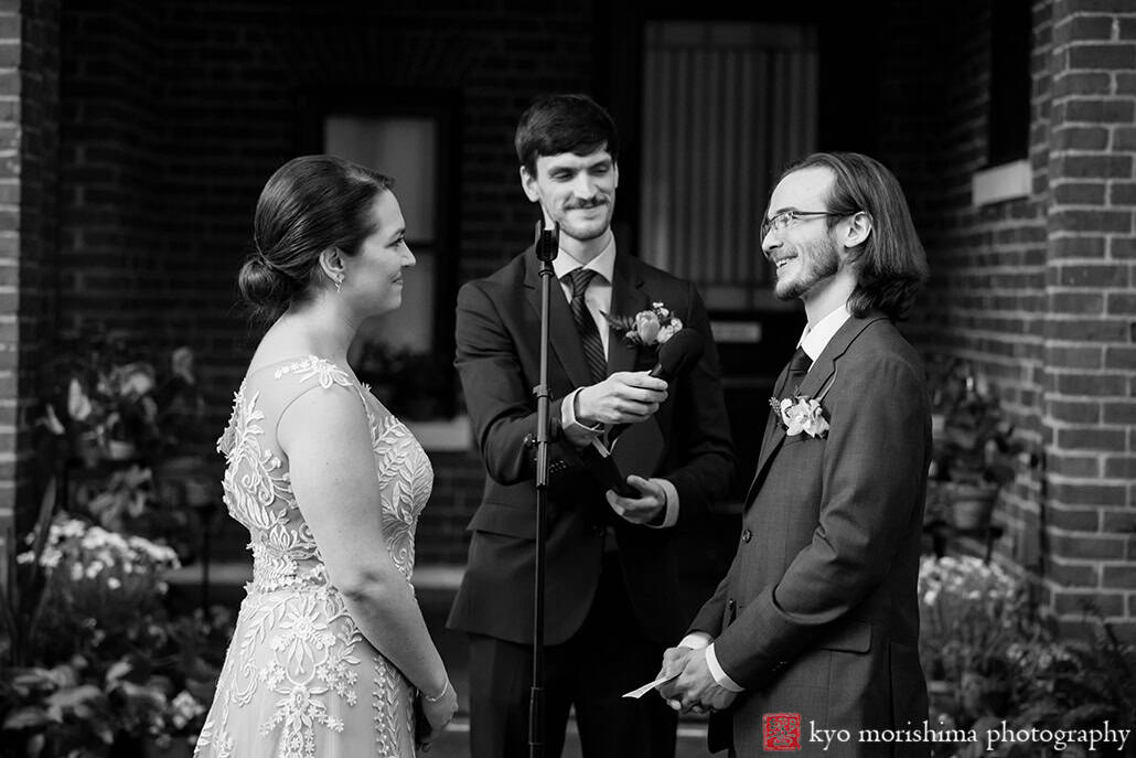 Spring Morris Museum Wedding Potted Plants Morristown NJ bride groom outdoor ceremony holding hands bw black and white