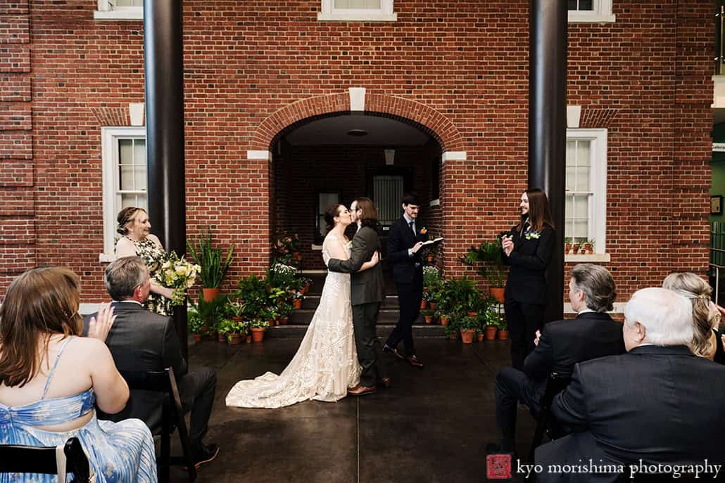 Spring Morris Museum Wedding Potted Plants Morristown NJ bride groom outdoor ceremony holding hands